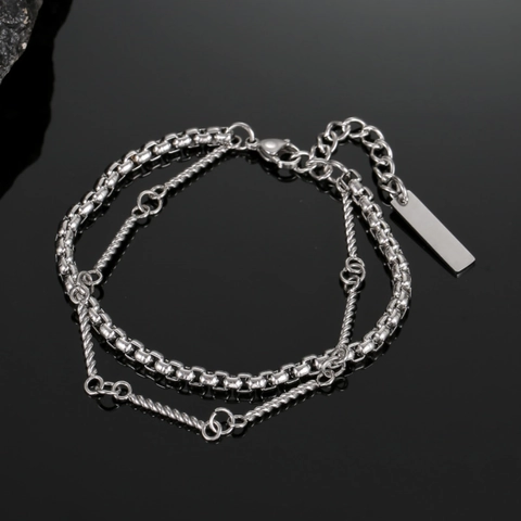 Pulsera de Acero Inoxidable de Doble Capa para Hombre Estilo Retro Japonés Diseño Minimalista Cadena de Eslabones con Etiqueta