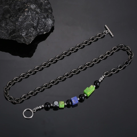 Unisex Titanium Staal Gelakte Gekleurde Stenen Kraal Ketting Legering Hanger Hip Hop Geometrische Kubus OT Sluiting Sieraden