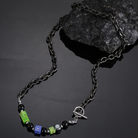 Unisex Titanium Staal Gelakte Gekleurde Stenen Kraal Ketting Legering Hanger Hip Hop Geometrische Kubus OT Sluiting Sieraden