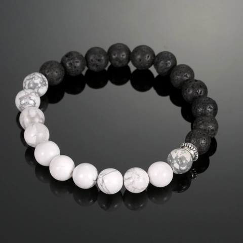 Natuurlijke Lavasteen Witte Howliet Kralenarmband Met Vintage Legering Tussenkraal Yin Yang Minimalistische Sieraden
