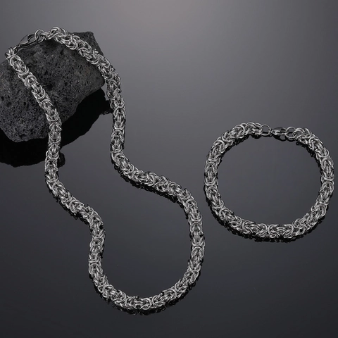 Titanium Steel Byzantine Woven Necklace Men Women Heavy Duty Dragon Bone Lantern Chain Bracelet Jewelry Set Gift Hip Hop Accessory