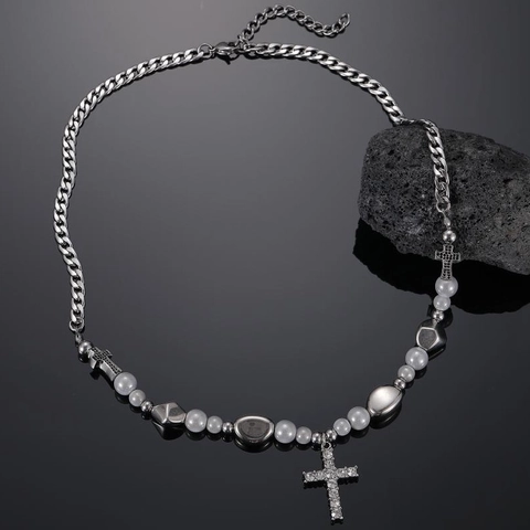 Collar con Colgante de Cruz de Acero de Titanio Hip Hop Gótico Diamante de Imitación Perla Artificial Cadena Cubana Joyería de Moda