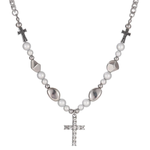 Collar con Colgante de Cruz de Acero de Titanio Hip Hop Gótico Diamante de Imitación Perla Artificial Cadena Cubana Joyería de Moda