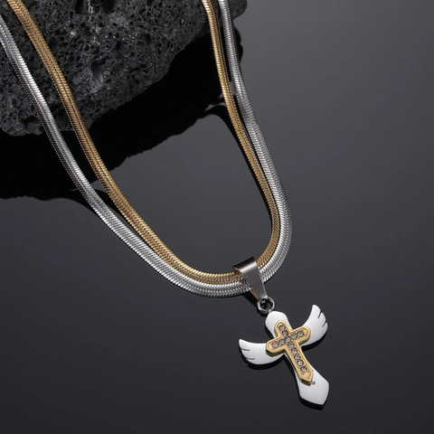 Titaniumstaal Dubbellaagse Engelenvleugels Kruis Hanger Halsketting Goud Zilver Slangenketting Strass Ingelegd Unisex Sieraden