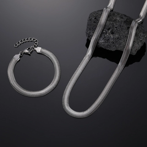 Collana e Bracciale a Catena Piatta in Acciaio al Titanio Unisex Minimalista a Lisca di Pesce in Acciaio Inossidabile per Uomo Donna Gioielli Hip Hop