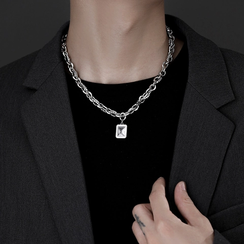 Edelstahl Rechteckige Zirkonia Anhänger Halskette Silber Grobe Kette Hip Hop Schmuck Für Unisex Alltag Party Accessoires