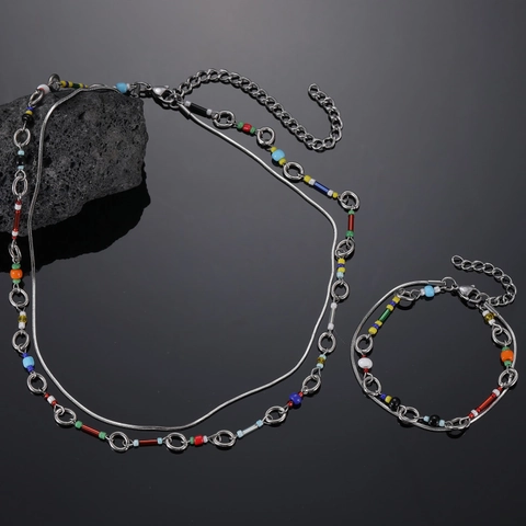 Hip Hop Titaniumstaal Gekleurde Kralen Dubbellaagse Ketting En Armband Voor Mannen Vrouwen Streetwear Mode Sieraden Accessoires