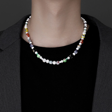 Heren Kralenketting Kleurrijke Millefiori Glaskralen Witte Kunstparels Titanium Stalen Ketting Hip Hop Street Style Sieraden