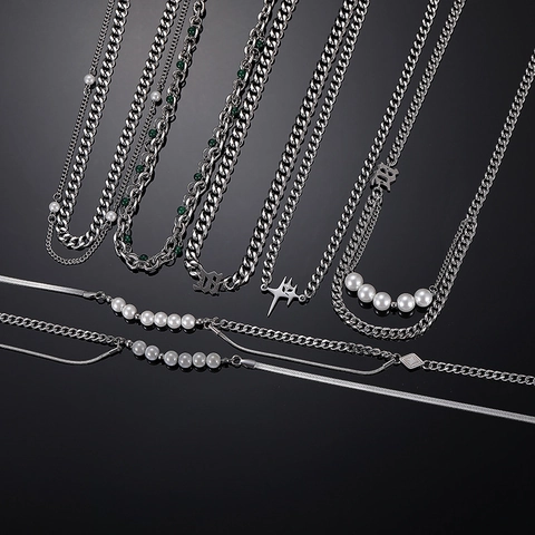 Collar de Perlas Artificiales de Acero de Titanio Hip Hop para Mujeres Hombres Colgante de Letra Gótica Estrella Joyería de Cadena de Acero Inoxidable