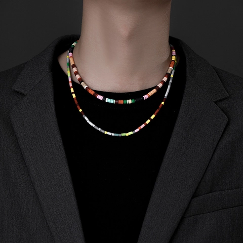 Bohemian Colorful Beaded Necklace Rainbow Candy Color Cylinder Beads Alloy Heart Clasp Layering Choker Jewelry For Women