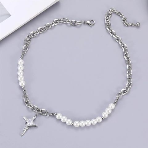 Cross Star Pendant Necklace Artificial Pearl Chain Splicing Stainless Steel Copper Zirconia Hip Hop Punk Jewelry For Women Men