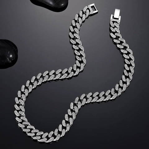 Hip Hop Men Titanium Steel Full Rhinestone Pave Cuban Link Necklace Silver Color Iced Out Chain Necklaces Jewelry For Women Men