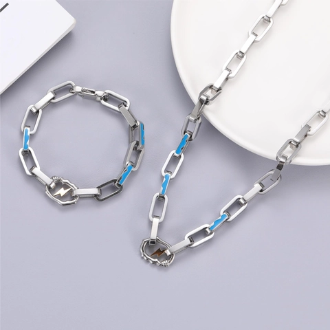 Hip Hop Stainless Steel Lightning Pendant Necklace Blue Enamel Rectangular Paperclip Link Chain For Men Women Streetwear Jewelry