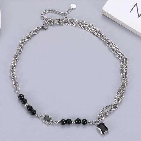 Vintage Punk Stainless Steel Black Gemstone Pendant Necklace Double Layer Asymmetric Chain Synthetic Artificial Pearl For Men Women