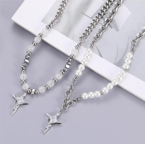 Cross Star Pendant Necklace Artificial Pearl Chain Splicing Stainless Steel Copper Zirconia Hip Hop Punk Jewelry For Women Men