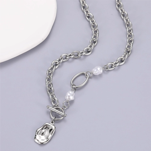 Titanium Steel Artificial Baroque Pearl Necklace With Irregular Molten Lava Pendant OT Toggle Clasp Minimalist Hip Hop Punk Jewelry For Men Women
