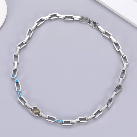 Hip Hop Stainless Steel Lightning Pendant Necklace Blue Enamel Rectangular Paperclip Link Chain For Men Women Streetwear Jewelry