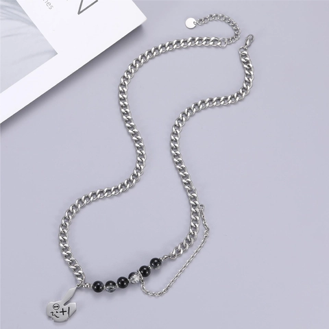 Collana a Doppio Strato in Acciaio Inossidabile Hiphop Con Pendente a Coniglio e Perle di Marmo Gioielli Streetwear Uomo Donna