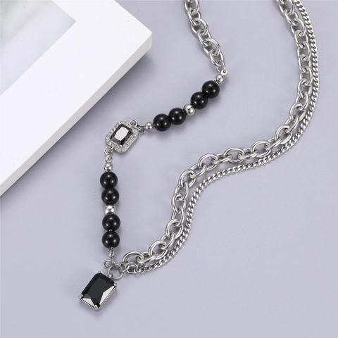 Vintage Punk Stainless Steel Black Gemstone Pendant Necklace Double Layer Asymmetric Chain Synthetic Artificial Pearl For Men Women