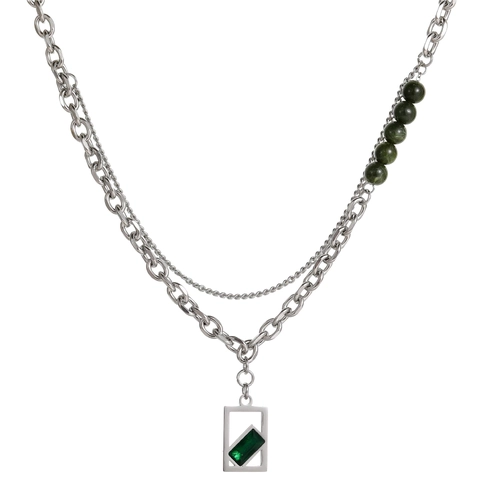 Collana con Pendente in Zirconia Verde in Acciaio al Titanio Catena a Doppio Strato Pietra Taglio Smeraldo Hip Hop Gioielli Donna Uomo