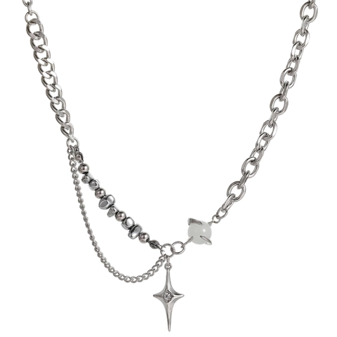 Collana con Pendente a Stella in Acciaio al Titanio Originale per Donna Catena a Splicing Asimmetrica Pietra Occhio di Gatto Strass Gioielli alla Moda