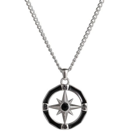 Collier Pendentif Étoile Octogonale Boussole Pour Hommes Bijoux Hip Hop En Acier Inoxydable Design Starburst Strass Noir