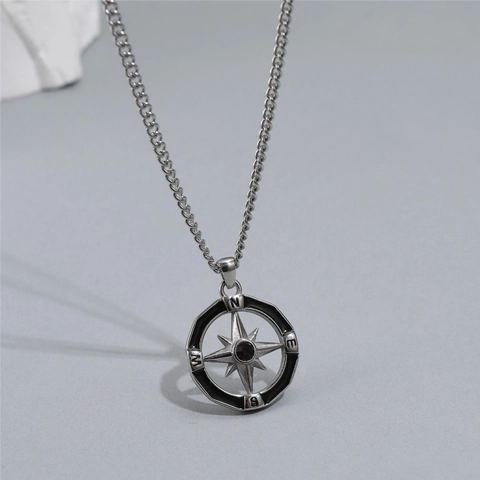Collier Pendentif Étoile Octogonale Boussole Pour Hommes Bijoux Hip Hop En Acier Inoxydable Design Starburst Strass Noir