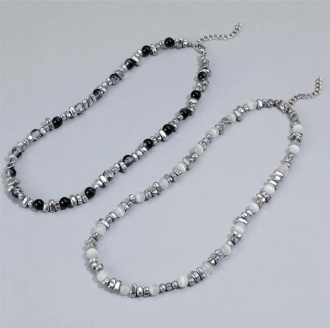Collana con Perline in Acciaio al Titanio Design di Nicchia Unisex Catena Minimalista Con Perle Artificiali e Ematite Stile Cool