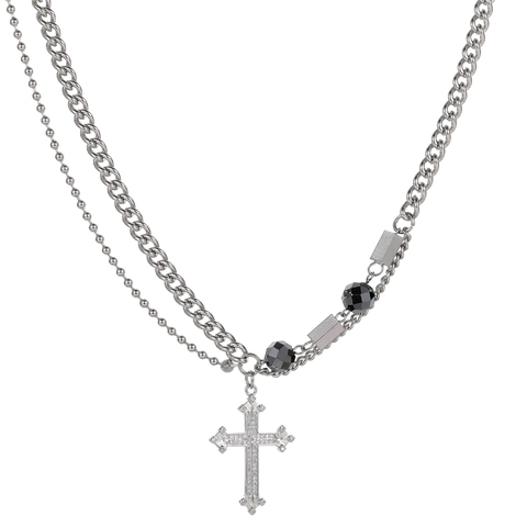 Heren Hip Hop Dubbellaagse Titaniumstalen Halsketting Gespleten Kruis Hanger Strass Ingelegde Streetwear Sieraden