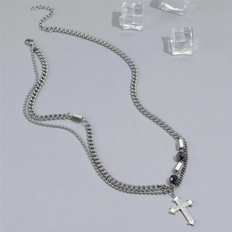 Heren Hip Hop Dubbellaagse Titaniumstalen Halsketting Gespleten Kruis Hanger Strass Ingelegde Streetwear Sieraden