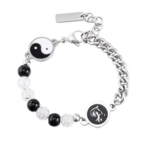 Bracciale in Acciaio al Titanio Tai Chi Yin Yang per Uomo Donna Nuovo Stile Cinese Catena Asimmetrica Perline Gioielli Amuleto Protettivo Regalo