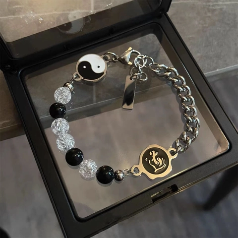 Bracciale in Acciaio al Titanio Tai Chi Yin Yang per Uomo Donna Nuovo Stile Cinese Catena Asimmetrica Perline Gioielli Amuleto Protettivo Regalo