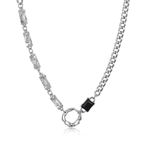 Titanium Staal Asymmetrische Ketting Halsketting Voor Mannen Vrouwen Hiphop Punk Strass Lava Textuur Ronde Ring Zwarte Edelsteen Hanger Sieraden
