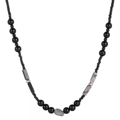 New Chinese Style Beaded Necklace Men Vintage Titanium Steel Natural Stone Marble Beads Clavicle Chain Fashion Jewelry