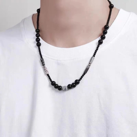 New Chinese Style Beaded Necklace Men Vintage Titanium Steel Natural Stone Marble Beads Clavicle Chain Fashion Jewelry