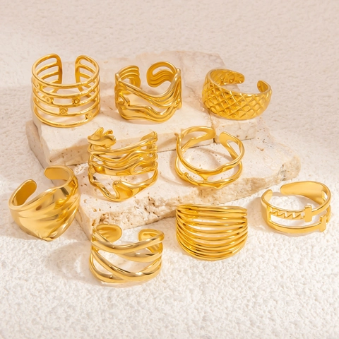 Modern Minimalist Stainless Steel Gold Plated Open Adjustable Rings For Women Geometric Wavy Quilted Multi Row Fashion Jewelry