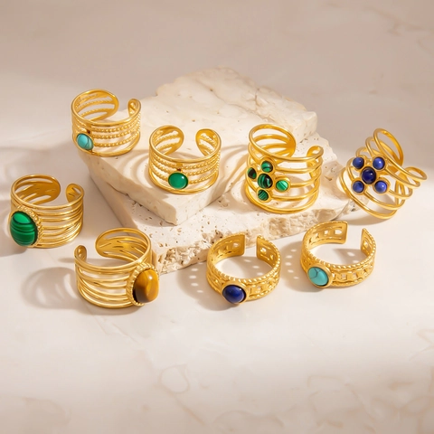 Vintage Edelstahl Naturstein Offene Ringe Für Damen 18K Vergoldet Malachit Türkis Tigerauge Fingerring INS Stil Schmuck