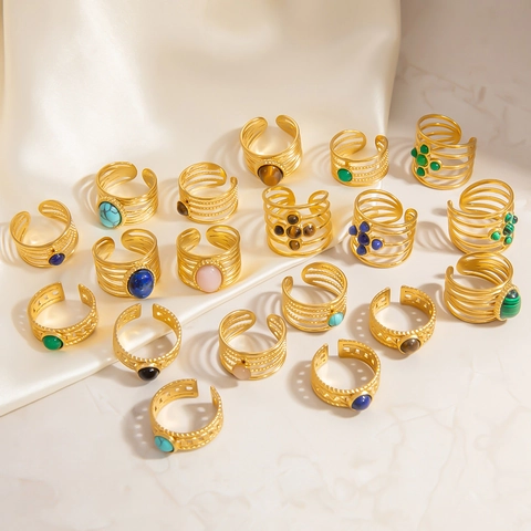 Vintage Edelstahl Naturstein Offene Ringe Für Damen 18K Vergoldet Malachit Türkis Tigerauge Fingerring INS Stil Schmuck