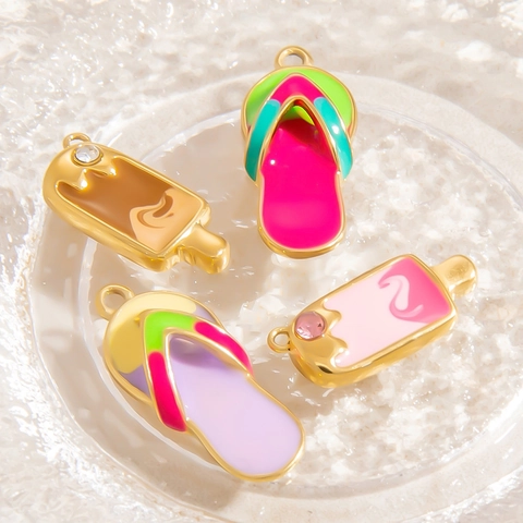 Enamel Stainless Steel Alloy Summer Pendant For DIY Jewelry Making Ice Cream Flip-Flop Apple Croissant Charms Pendant Only