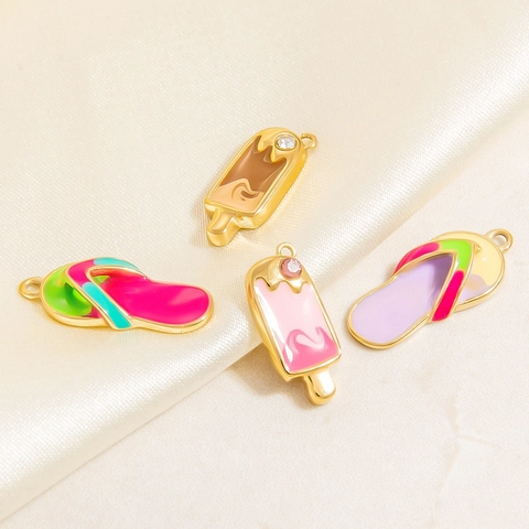 Stainless Steel Ice Cream Flip Flops Pendants With Rhinestones Summer Theme Enamel Drip Oil DIY Jewelry Accessories For Women