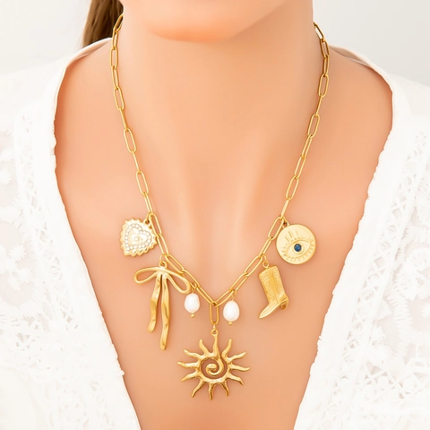 Collana In Acciaio Inossidabile Placcato Oro 18K Con Ciondoli Multipli Perla Artificiale Strass Cuore Sole Farfalla Gioielli