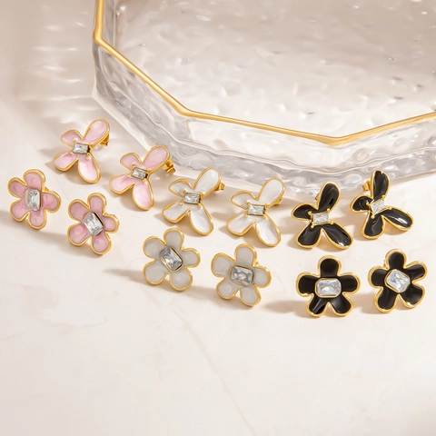 Französischer Stil Edelstahl Blume Schmetterling Ohrstecker 18K Vergoldet Emaille Zirkonia Wasserdicht Hypoallergener Schmuck