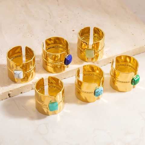 18K Gold Plated Stainless Steel Square Gemstone Open Ring Hammered Boho Adjustable Vintage Finger Ring Jewelry For Women