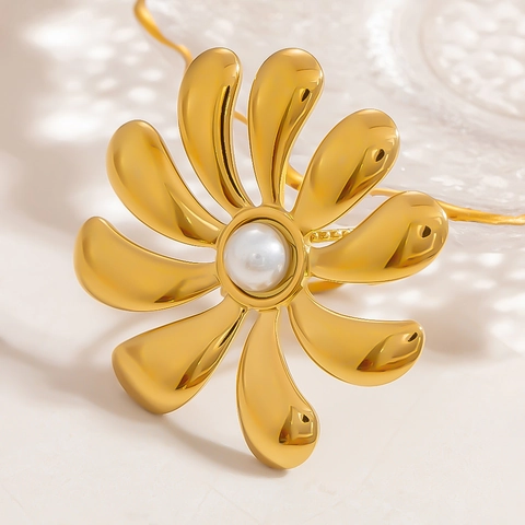 Stainless Steel Flower Open Ring For Women 18K Gold Plated Natural Stone Artificial Pearl Adjustable Jewelry Accessory