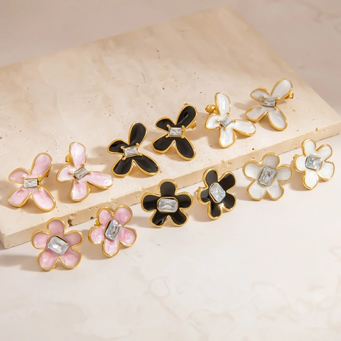 Französischer Stil Edelstahl Blume Schmetterling Ohrstecker 18K Vergoldet Emaille Zirkonia Wasserdicht Hypoallergener Schmuck