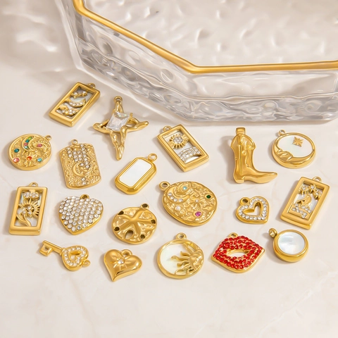 Gold Plated Stainless Steel Pendants Zirconia Heart Lip Star Moon Tarot Charm DIY Jewelry Findings Pendant Only