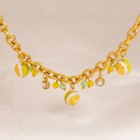 Stainless Steel Summer Lemon Charm Bracelet 18K Gold Plated Enamel Fruit Beads Zirconia Link Chain For Women Jewelry