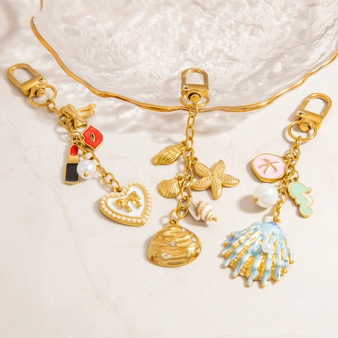 Stainless Steel Marine Sea Star Shell Artificial Pearl Keychain Fashion Bag Charm For Women Gold 18K Plated Accessory Gift