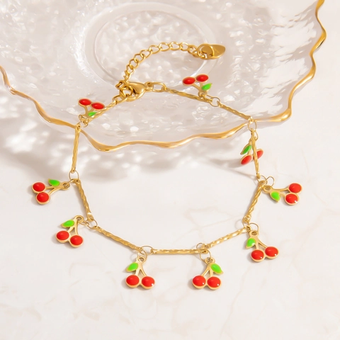 Set di Gioielli a Forma di Ciliegia in Acciaio Inossidabile per Donna Collana e Bracciale con Ciondolo a Ciliegia Smaltato