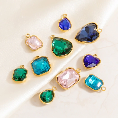 Stainless Steel Geometric Rhinestone Pendants Waterproof Colorful Rhinestone Heart Water Drop Square Charms For DIY Jewelry Making Women